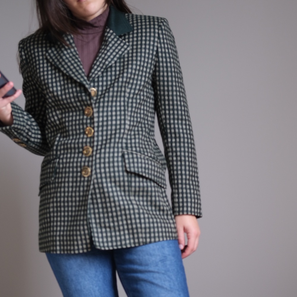 Jon Tagia 100 % wool green checkered blazer, size 8 US
